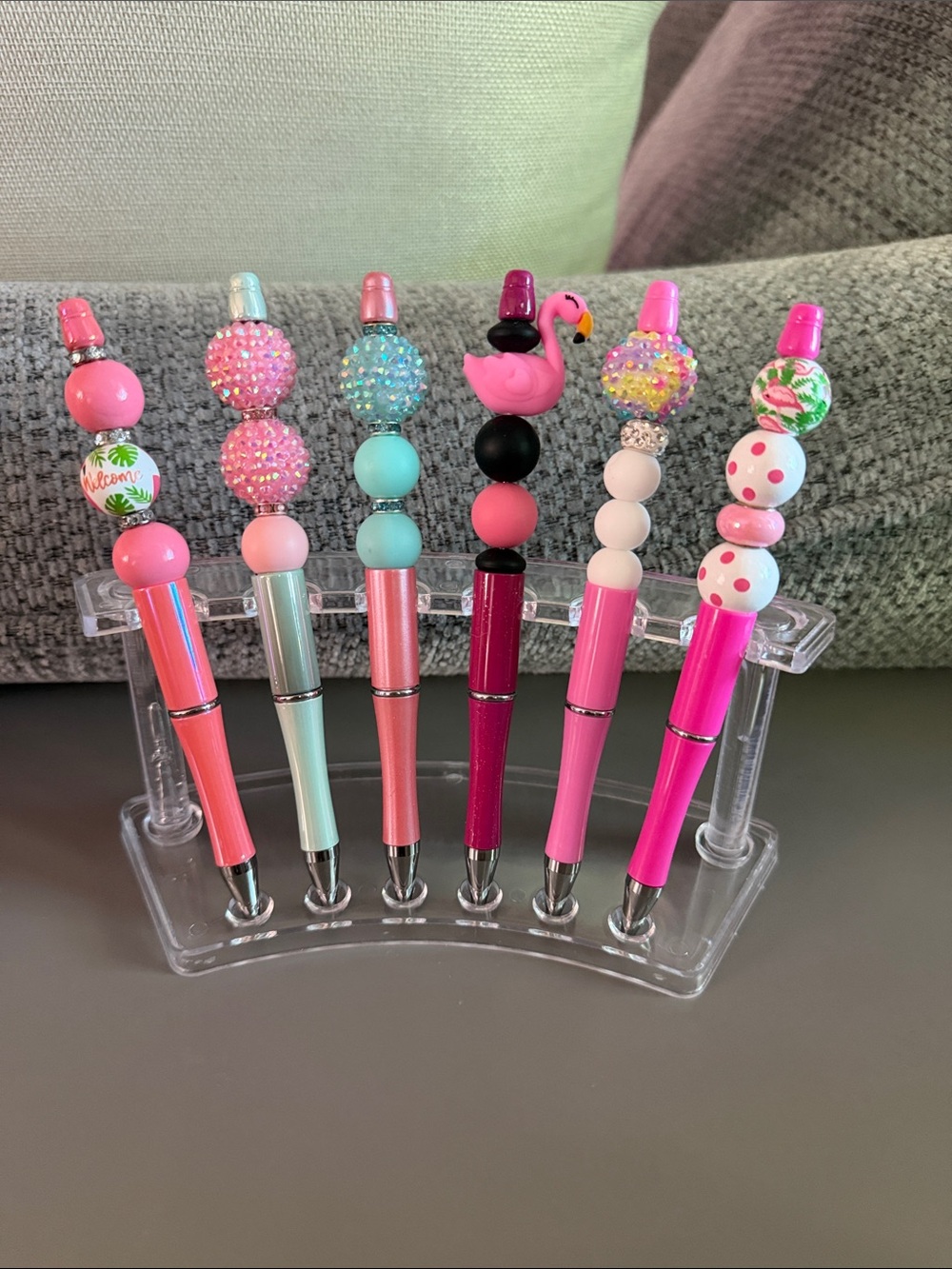 NWOT Set of 6 flamingo Decorative Bead-Topped Ballpoint Pens - Pink Mix